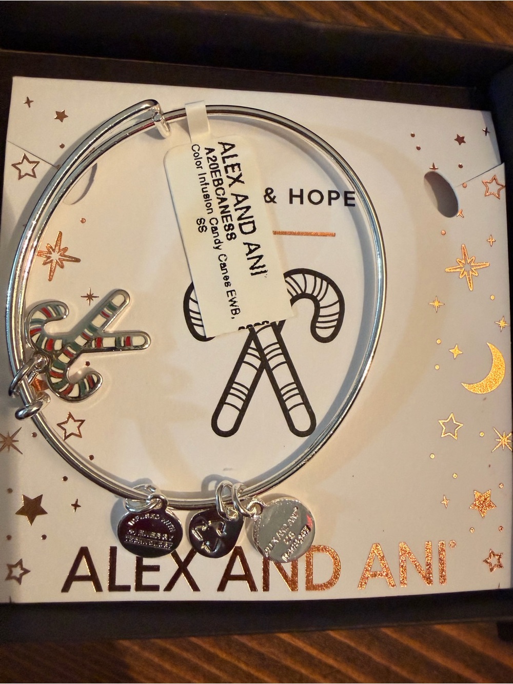 Alex and Ani Silver Candy Cane Charm Bangle with Striped Enamel
